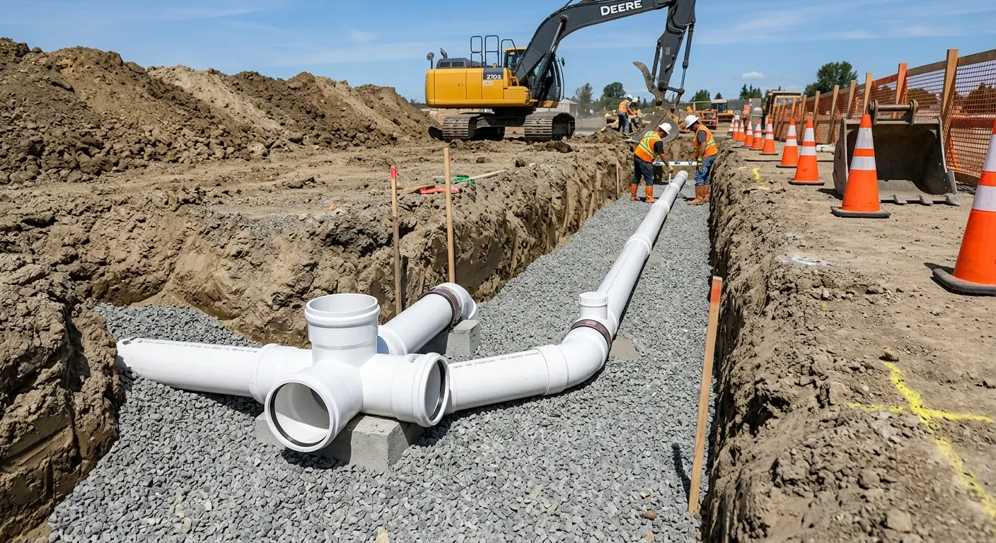 New PVC sewer pipe installation in open trench for Grease Trap Cleaning in Apple Valley