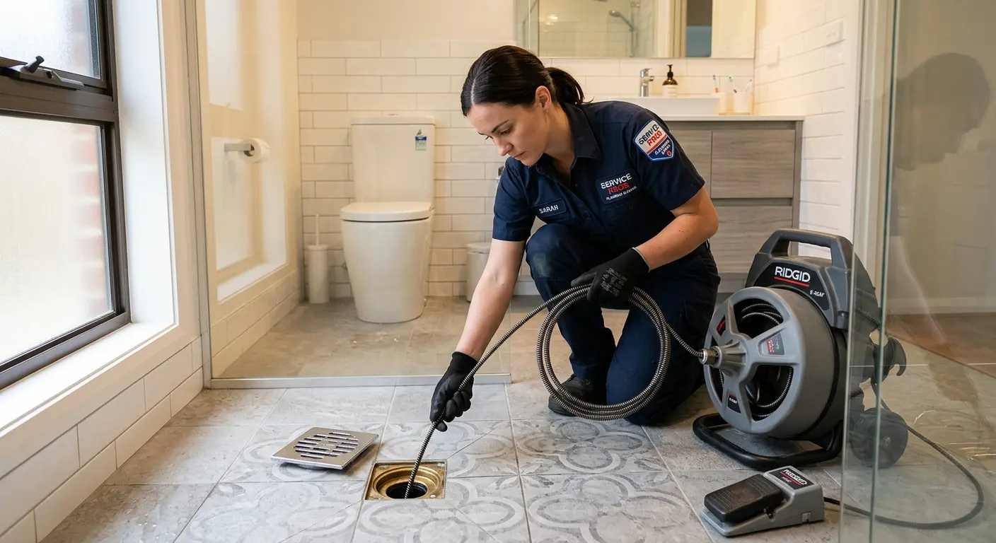 Technician clearing a bathroom floor drain for Sewer Line Replacement in Apple Valley